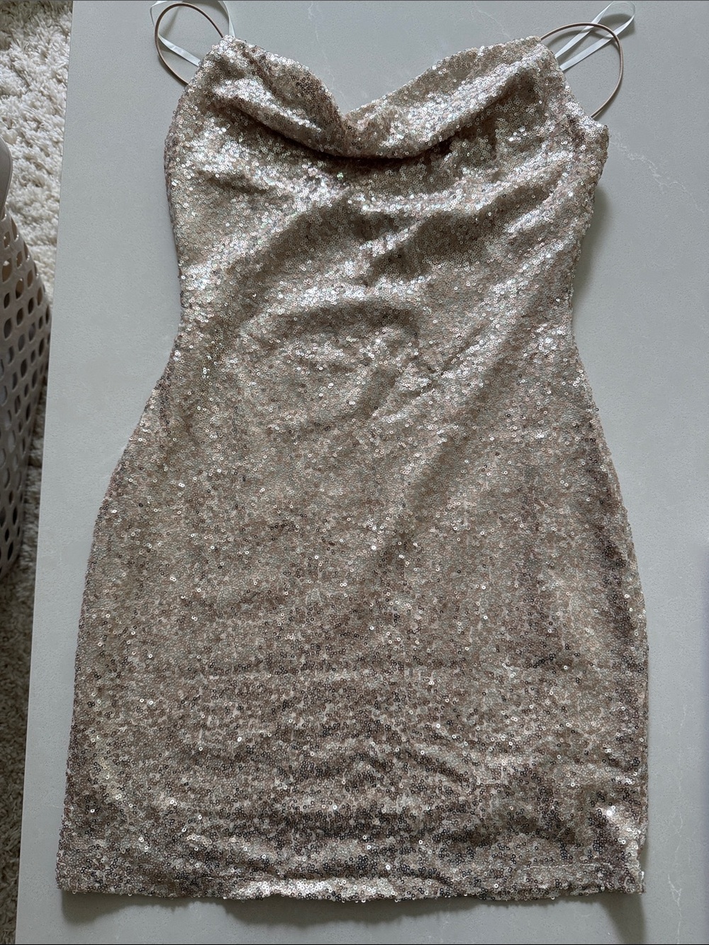 Windsor Sequin Cowl Neck Mini Dress in Champagne Sparkle